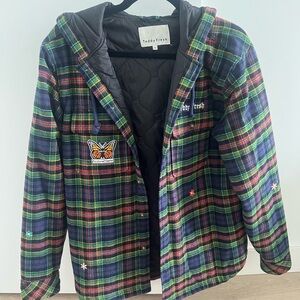 Teddy Fresh Green Plaid Hooded Puffer Jacket with Embroidered Butterfly